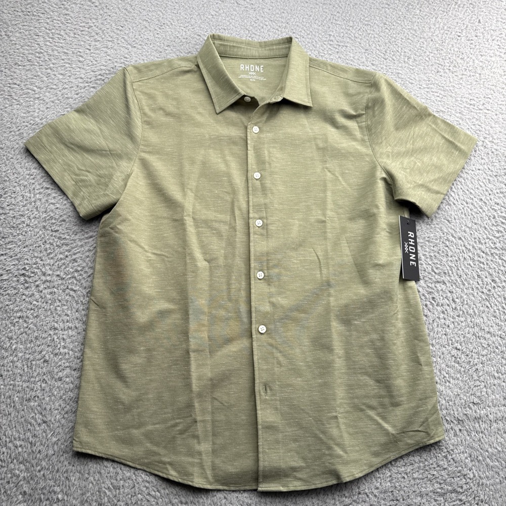 Rhone Brezza Shirt Mens Medium Sage S/S Button Up Stretch Linen Performance